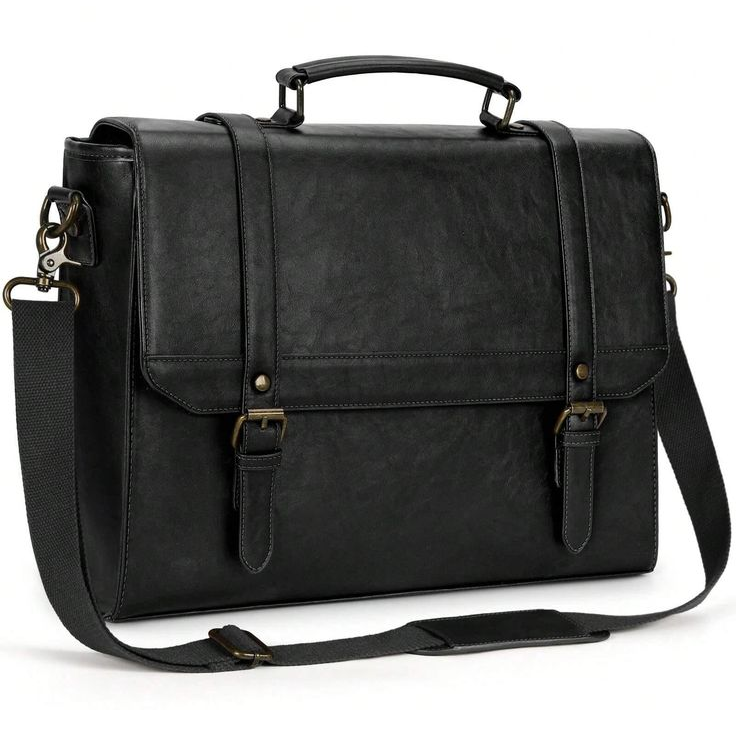 Vintage Black Leather-Look Messenger Briefcase